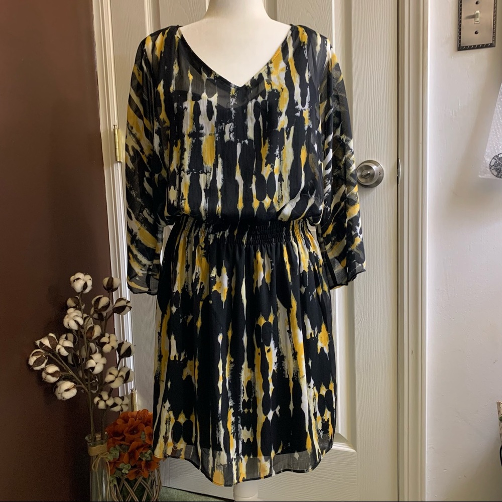 Emma & Michele Lined Dress 3/4 Dolman Elastic Waist Black Yellow White Sz 10
